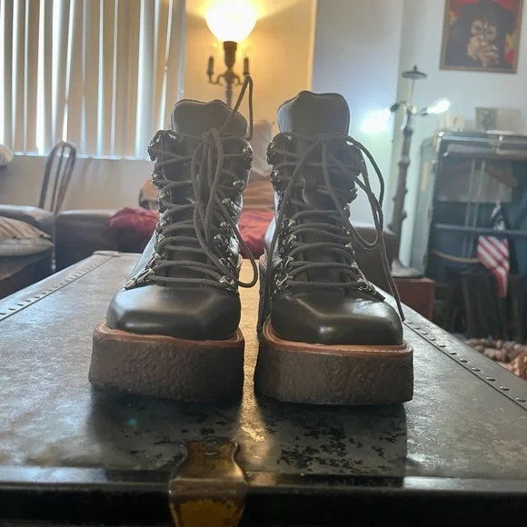 Jeffrey Campbell “Free People” Viajar Olive-Brown Leather Wedge Ankle Boot Sz 8 - Picture 2 of 11